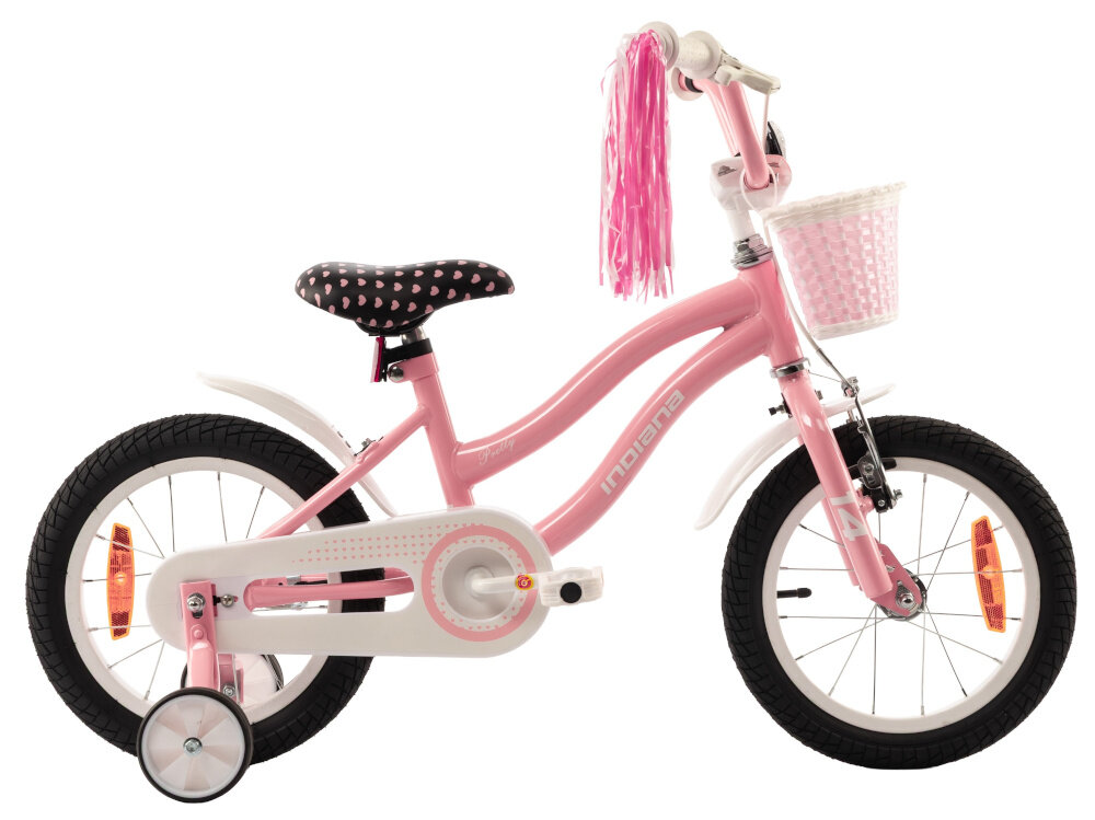 Rower dziecięcy INDIANA Pretty 14 cali dla dziewczynki Różowy rower na białym tle widoczny z boku odpowiednio wyselekcjonowane materiały stalowa 8-calowa rama dostosowana do najmłodszych geometria ponadprzeciętna odporność na uszkodzenia mechaniczne i działanie czynników zewnętrznych wybór rozmiaru ramy Twój wzrost mierzony w zrelaksowanej pozycji typ roweru