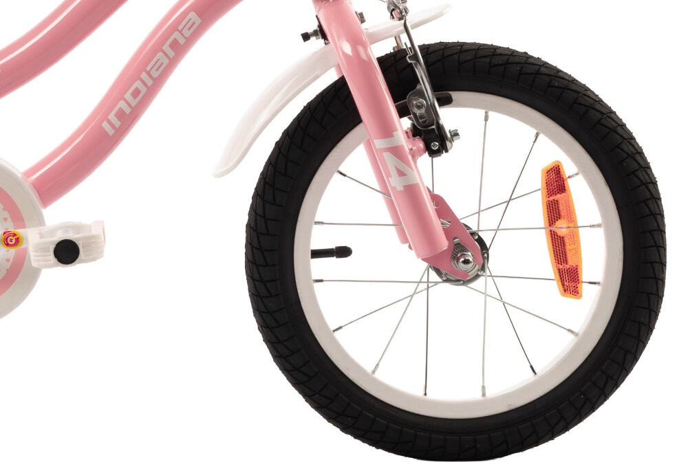 Rower dziecięcy INDIANA Pretty 14 cali dla dziewczynki Różowy zbliżenie na przednie koło widoczny błotnik koła w rozmiarze 14 cali stalowe obręcze opony są stabilnie trzymane bezpieczna jazda błotniki ochrona przed zachlapaniem błotem regularne sprawdzanie ciśnienia powietrza wartość na bocznej części opony