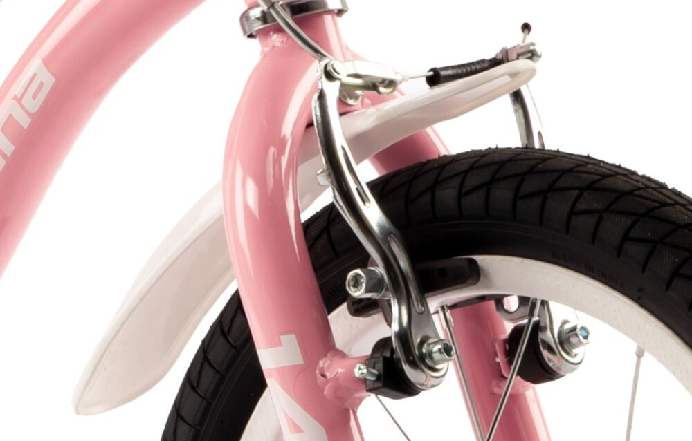 Rower dziecięcy INDIANA Pretty 14 cali dla dziewczynki Różowy zbliżenie na przedni hamulec podstawa bezpieczeństwa przedni hamulec V-Brake tylny hamulec nożny lekkie duża siła hamowania reflektory odblaskowe na szprychach kierownicy i pod siodełkiem dobrze widoczne na drodze bezpieczne