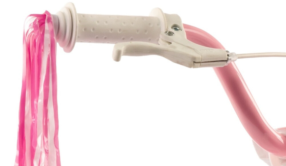 Rower dziecięcy INDIANA Pretty 14 cali dla dziewczynki Różowy zbliżenie na uchwyt kierownicy widoczne wstążki wysoki komfort jazdy brak uczucia dyskomfortu odpowiednia pozycja ciała uchwyty z antypoślizgowego materiału