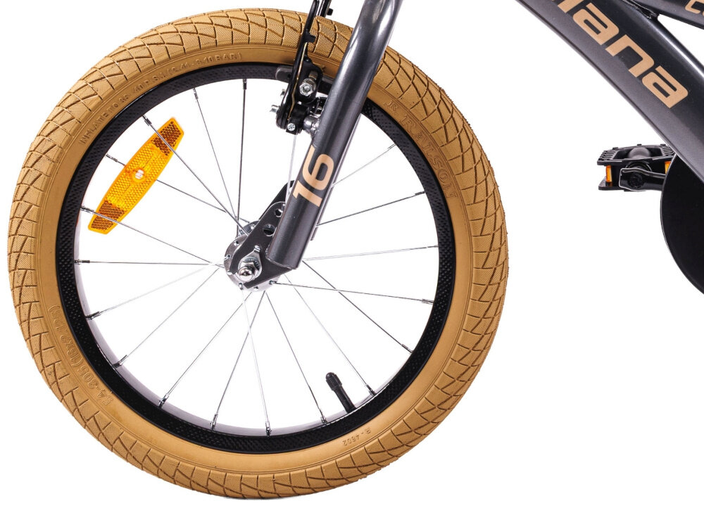 Rower dziecięcy INDIANA Cool 16 cali dla chłopca Grafitowy koła marki RALSON w rozmiarze 16 cali stalowe lakierowane obręcze opony są stabilnie trzymane stylowa osłona zabezpiecza łańcuch przed brudem regularne sprawdzanie ciśnienia powietrza wartość na bocznej części opony