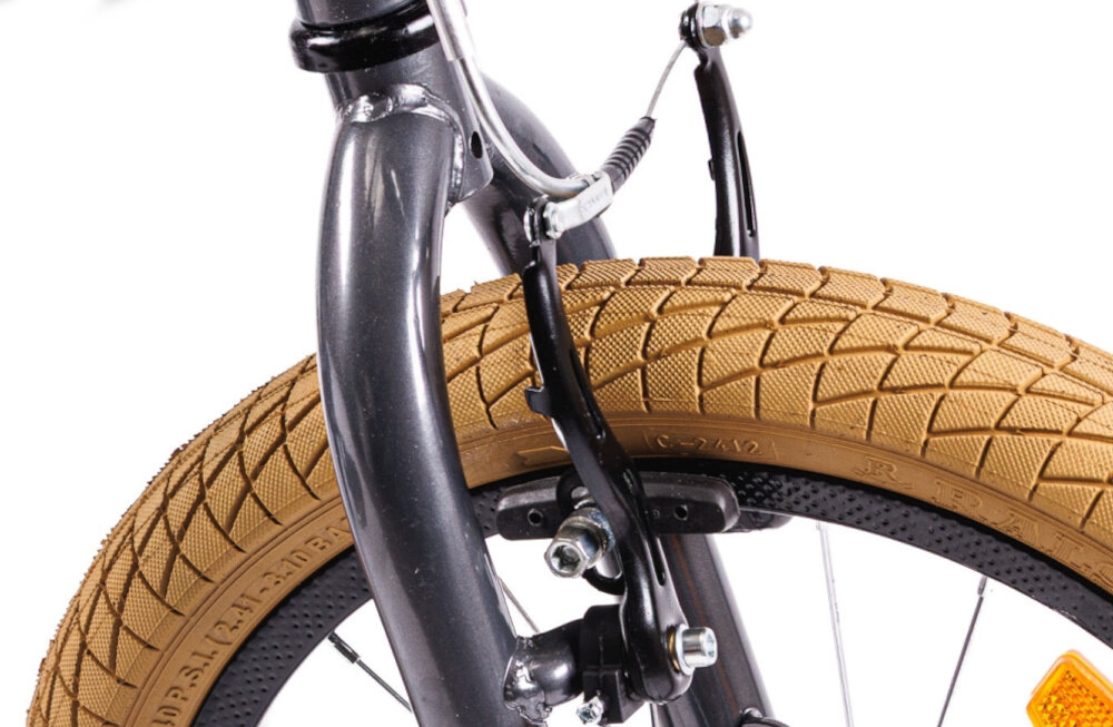 Rower dziecięcy INDIANA Cool 16 cali dla chłopca Grafitowy zbliżenie na boczne kółka boczne kółka asekurują dziecko możliwość łatwego usunięcia kółek