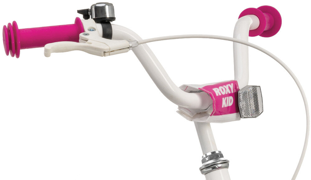 Rower dziecięcy INDIANA Roxy Kid 16 dla dziewczynki Biały zbliżenie na kierownicę widoczny dzwonek wysoki komfort jazdy brak uczucia dyskomfortu odpowiednia pozycja ciała uchwyty z antypoślizgowego materiału