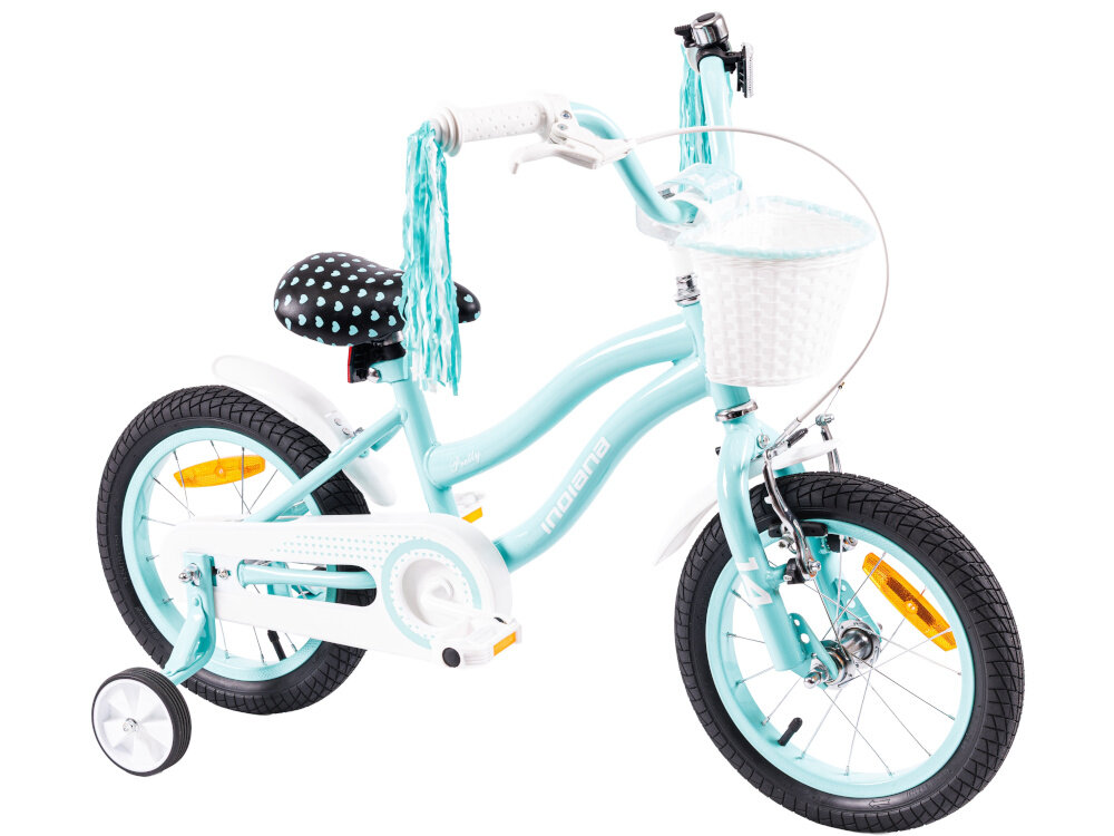 Rower dziecięcy INDIANA Pretty 14 cali dla dziewczynki Miętowy rower na białym tle widoczny od przodu pod skosem dla dzieci w wieku od 3 do 4 lat trwałość wytrzymałość mocna konstrukcja