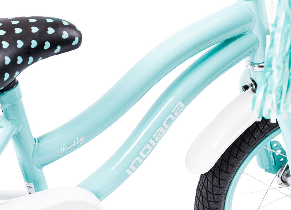 Rower dziecięcy INDIANA Pretty 14 cali dla dziewczynki Miętowy zbliżenie na ramę odpowiednio wyselekcjonowane materiały stalowa 8-calowa rama dostosowana do najmłodszych geometria ponadprzeciętna odporność na uszkodzenia mechaniczne i działanie czynników zewnętrznych wybór rozmiaru ramy Twój wzrost mierzony w zrelaksowanej pozycji typ roweru