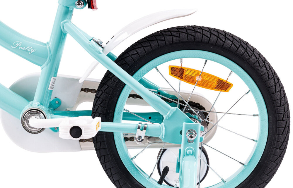 Rower dziecięcy INDIANA Pretty 14 cali dla dziewczynki Miętowy zbliżenie na tylne koło widoczny błotnik koła w rozmiarze 14 cali stalowe obręcze opony są stabilnie trzymane bezpieczna jazda błotniki ochrona przed zachlapaniem błotem regularne sprawdzanie ciśnienia powietrza wartość na bocznej części opony