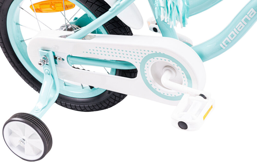 Rower dziecięcy INDIANA Pretty 14 cali dla dziewczynki Miętowy zbliżenie na kółka boczne i osłonę łańcucha boczne kółka asekurują dziecko w początkowej fazie nauki łatwy demontaż osłona łańcucha grafika z mnóstwem serduszek