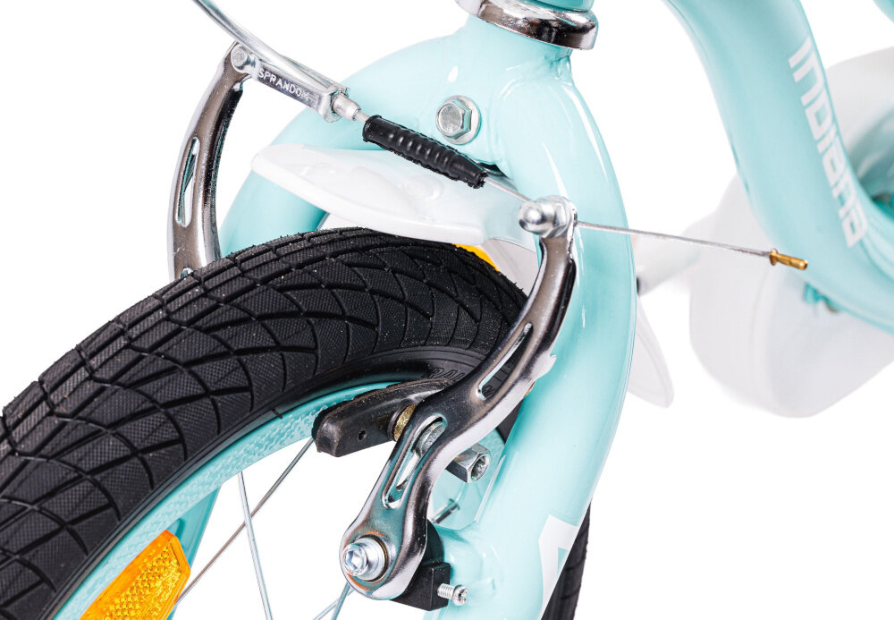 Rower dziecięcy INDIANA Pretty 14 cali dla dziewczynki Miętowy zbliżenie na przedni hamulec podstawa bezpieczeństwa przedni hamulec V-Brake tylny hamulec nożny lekkie duża siła hamowania reflektory odblaskowe na szprychach kierownicy i pod siodełkiem dobrze widoczne na drodze bezpieczne