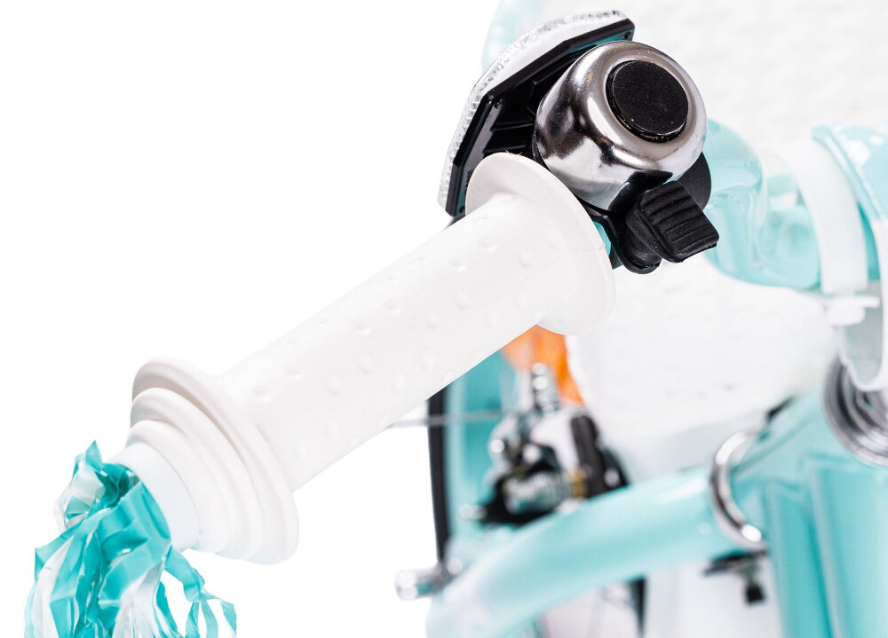 Rower dziecięcy INDIANA Pretty 14 cali dla dziewczynki Miętowy zbliżenie na uchwyt kierownicy widoczny dzwonek wysoki komfort jazdy brak uczucia dyskomfortu odpowiednia pozycja ciała uchwyty z antypoślizgowego materiału