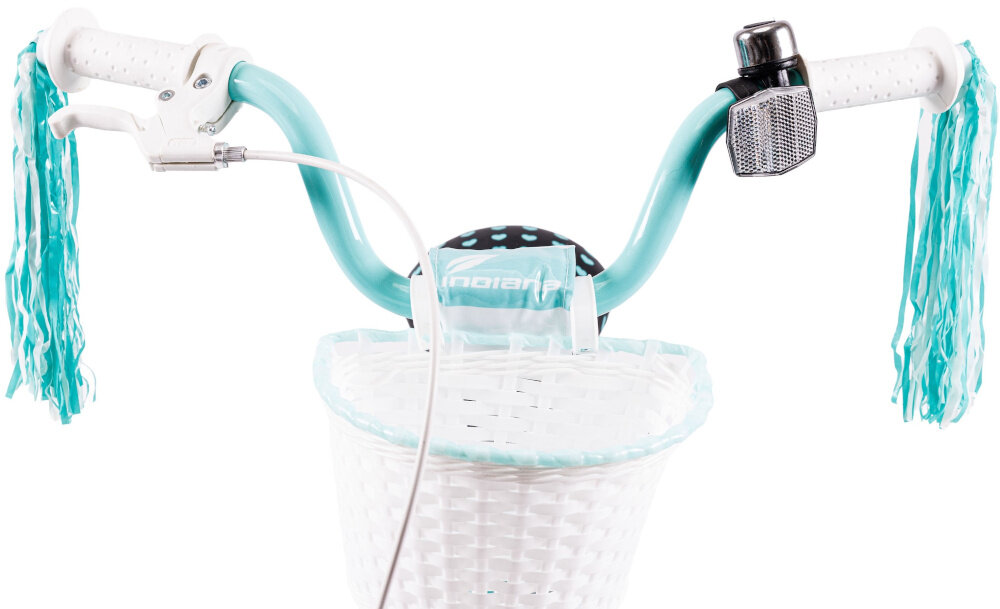 Rower dziecięcy INDIANA Pretty 14 cali dla dziewczynki Miętowy zbliżenie na koszyk widoczny od przodu wstążki zdjęcie na białym tle koszyk na drobiazgi uchwyty zakończone pięknymi wstążkami dzwonek bezpieczne podróżowanie