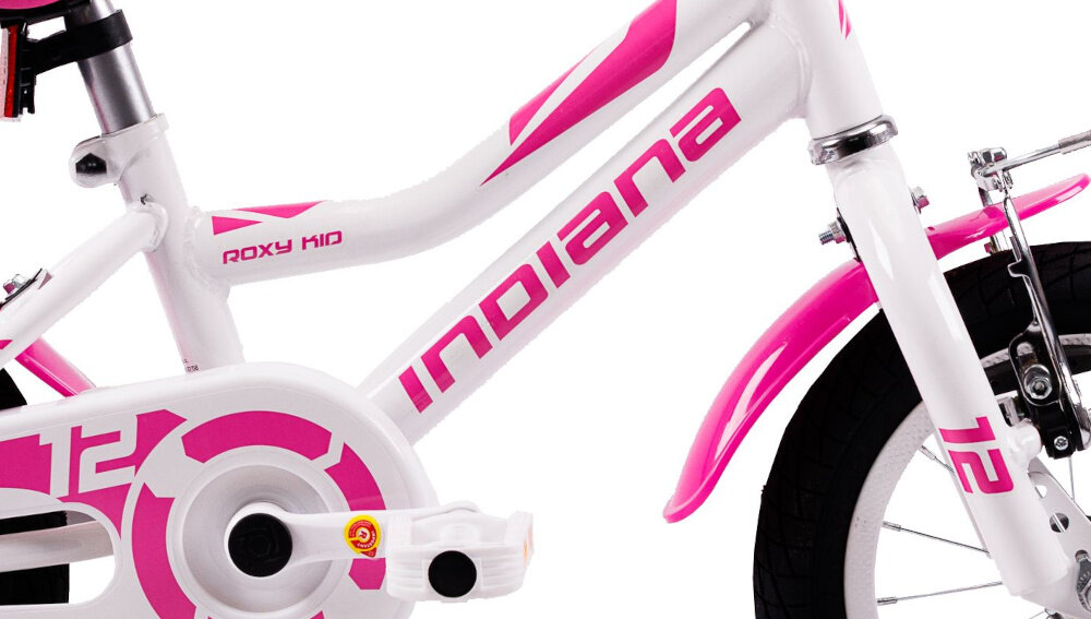 Rower dziecięcy INDIANA Roxy Kid 12 cali dla dziewczynki Biały zbliżenie na ramę odpowiednio wyselekcjonowane materiały stalowa 7-calowa rama dostosowana do najmłodszych geometria ponadprzeciętna odporność na uszkodzenia mechaniczne i działanie czynników zewnętrznych wybór rozmiaru ramy Twój wzrost mierzony w zrelaksowanej pozycji typ roweru