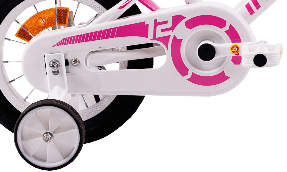 Rower dziecięcy INDIANA Roxy Kid 12 cali dla dziewczynki Biały zbliżenie na kółka boczne i osłonę łańcucha boczne kółka asekurują dziecko w początkowej fazie nauki łatwy demontaż osłona łańcucha stylowa