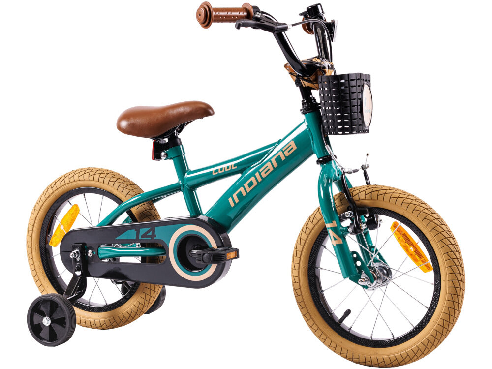 Rower dziecięcy INDIANA Cool 14 cali dla chłopca Zielony rower na białym tle widoczny od przodu pod skosem dla dzieci w wieku od 4 do 5 lat trwałość wytrzymałość mocna konstrukcja