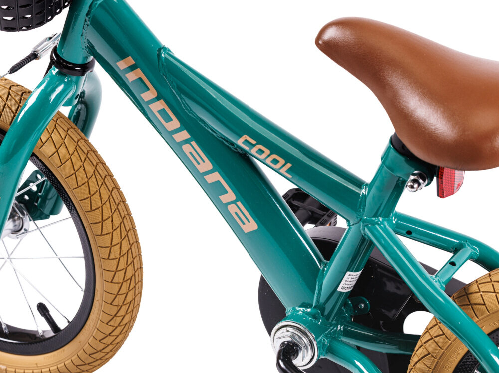 Rower dziecięcy INDIANA Cool 14 cali dla chłopca Zielony zbliżenie na ramę odpowiednio wyselekcjonowane materiały stalowa 8-calowa rama dostosowana do najmłodszych geometria ponadprzeciętna odporność na uszkodzenia mechaniczne i działanie czynników zewnętrznych wybór rozmiaru ramy Twój wzrost mierzony w zrelaksowanej pozycji typ roweru