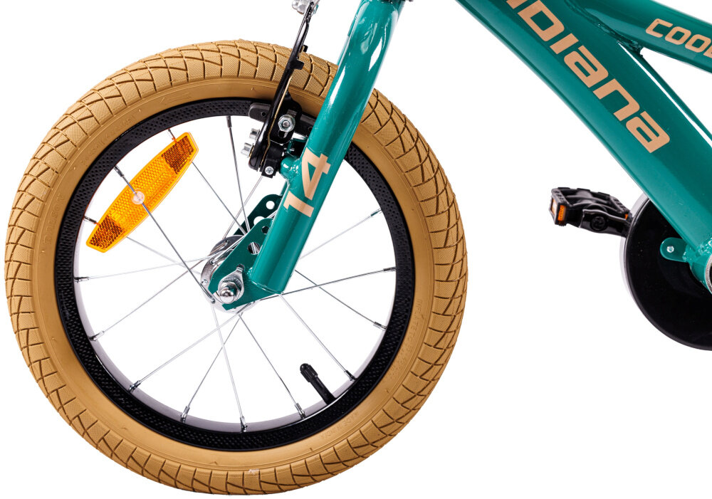Rower dziecięcy INDIANA Cool 14 cali dla chłopca Zielony koła w rozmiarze 14 cali stalowe lakierowane obręcze opony są stabilnie trzymane stylowa osłona zabezpiecza łańcuch przed brudem regularne sprawdzanie ciśnienia powietrza wartość na bocznej części opony