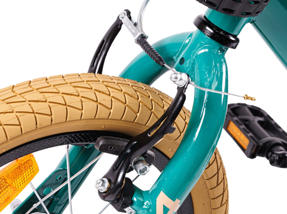 Rower dziecięcy INDIANA Cool 14 cali dla chłopca Zielony zbliżenie na boczne kółka boczne kółka asekurują dziecko możliwość łatwego usunięcia kółek