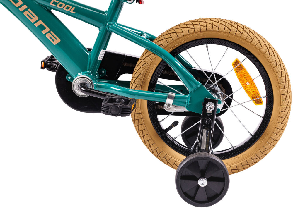 Rower dziecięcy INDIANA Cool 14 cali dla chłopca Zielony zbliżenie na przedni hamulec podstawa bezpieczeństwa przedni hamulec V-Brake tylny hamulec nożny lekkie duża siła hamowania reflektory odblaskowe na szprychach kierownicy i pod siodełkiem dobra widoczność na drodze bezpieczeństwo