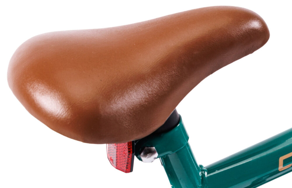 Rower dziecięcy INDIANA Cool 14 cali dla chłopca Zielony zbliżenie na siodełko zdjęcie na białym tle bezpieczna i satysfakcjonująca aktywność wygodne siodełko szerokie i grubo wyściełane bezpieczeństwo komfort