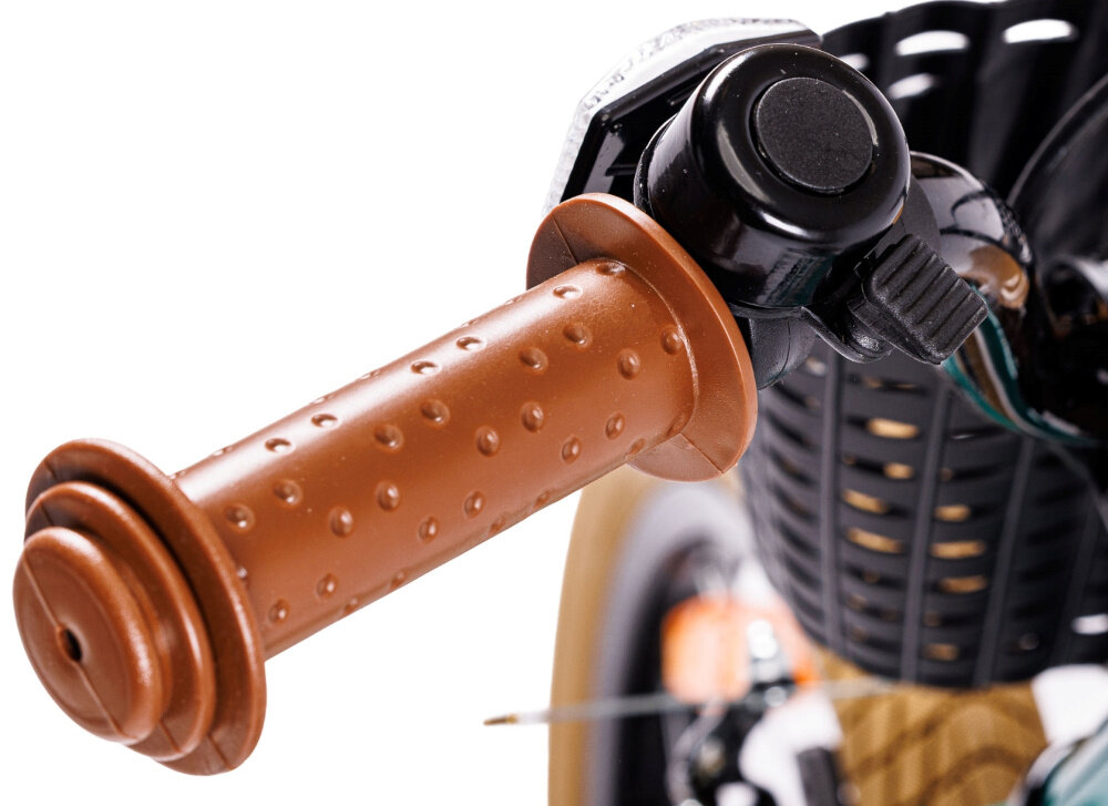 Rower dziecięcy INDIANA Cool 14 cali dla chłopca Zielony zbliżenie na uchwyt kierownicy widoczny dzwonek brak uczucia dyskomfortu odpowiednia pozycja ciała uchwyty z antypoślizgowego materiału