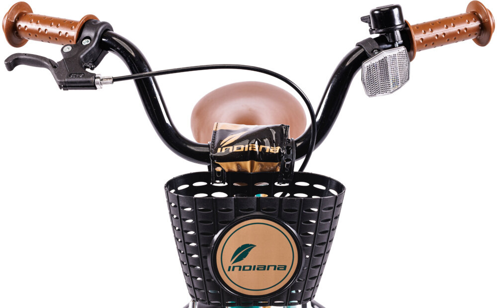Rower dziecięcy INDIANA Cool 14 cali dla chłopca Zielony zbliżenie na koszyk zdjęcie na białym tle koszyk na drobiazgi nakładkę na kierownicę dzwonek bezpieczne wojaże