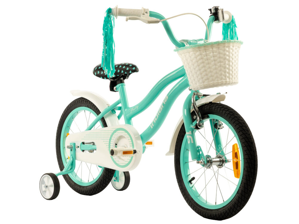 Rower dziecięcy INDIANA Pretty 16 cali dla dziewczynki Miętowy rower na białym tle widoczny od przodu pod skosem dla dzieci w wieku od 4 do 5 lat trwałość wytrzymałość mocna konstrukcja