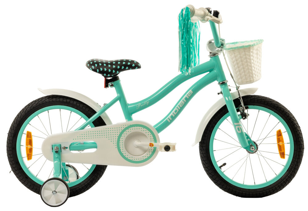 Rower dziecięcy INDIANA Pretty 16 cali dla dziewczynki Miętowy rower na białym tle widoczny z boku odpowiednio wyselekcjonowane materiały stalowa 9-calowa rama dostosowana do najmłodszych geometria ponadprzeciętna odporność na uszkodzenia mechaniczne i działanie czynników zewnętrznych wybór rozmiaru ramy Twój wzrost mierzony w zrelaksowanej pozycji typ roweru