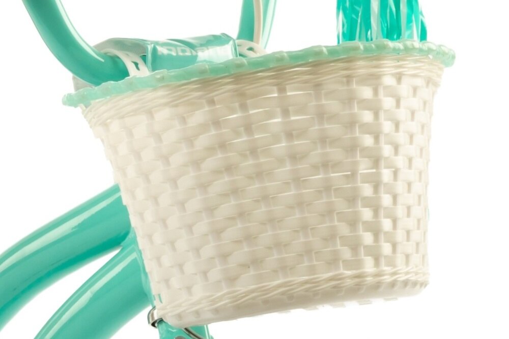 Rower dziecięcy INDIANA Pretty 16 cali dla dziewczynki Miętowy zbliżenie na koszyk widoczny pod skosem zdjęcie na białym tle koszyk na drobiazgi uchwyty zakończone pięknymi wstążkami dzwonek bezpieczne podróżowanie