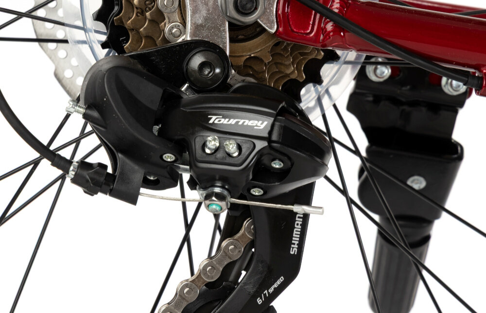 Rower górski MTB INDIANA X-Pulser 1.9 M19 29 cali męski Czerwony zbliżenie na tylną przerzutkę przerzutki marki SHIMANO 21 biegów przednia i tylna przerzutka SHIMANO Tourney  duża wytrzymałość sprawne działanie zmiana biegów jest płynna i bezproblemowa manetki SHIMANO SL-RV300 odpowiednie dobranie właściwego przełożenia do danego terenu