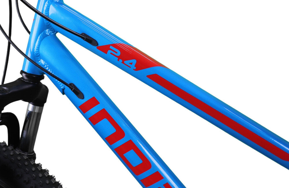 Rower młodzieżowy INDIANA X-Pulser 2.4 24 cale dla chłopca Niebiesko-czerwony rower na białym tle widoczny z boku komfort jazdy odpowiednia kontrola nad rowerem 11-calowa aluminiowa rama rower bardzo zwinny lekki łatwo go podnieść dostosowana do najmłodszych geometria wybór rozmiaru ramy Twój wzrost mierzony w zrelaksowanej pozycji typ roweru