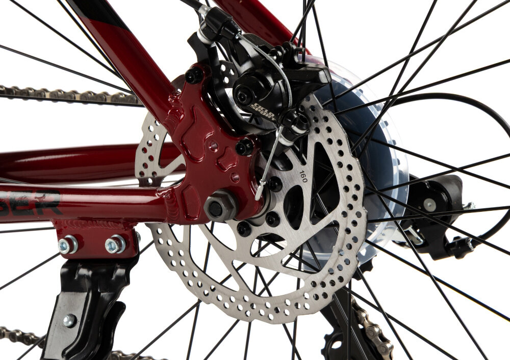 Rower górski MTB INDIANA X-Pulser 1.9 M17 29 cali męski Czerwony zbliżenie na tylny hamulec podstawa bezpieczeństwa hamulce tarczowe mechaniczne bardzo duża siła hamowania szybko wyhamujesz w razie nagłej sytuacji hamulce z przodu i z tyłu podwójny pakiet bezpieczeństwa