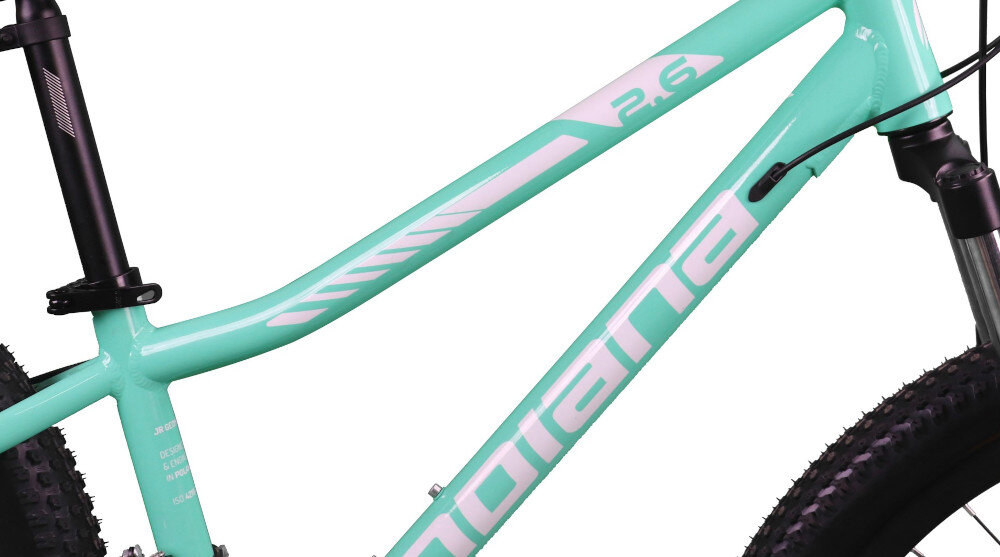 Rower w kolorze miętowo-białym z widocznym napisem \'2.6\' oraz \'indiana\' na ramie. Opona ma wyraźny bieżnik, a rama posiada elementy amortyzacji.