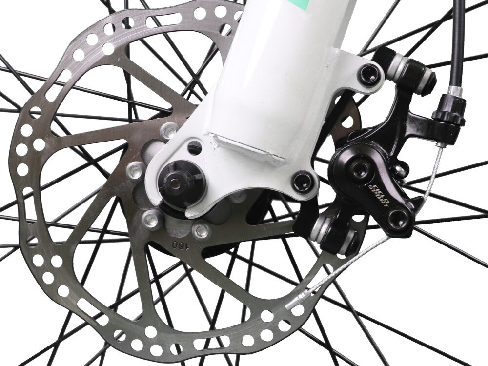 Zbliżenie na tarczę hamulcową roweru z widocznym zaciskiem hamulcowym i szprychami koła. Elementy są w kolorze srebrnym i czarnym, a część ramy roweru jest biała.