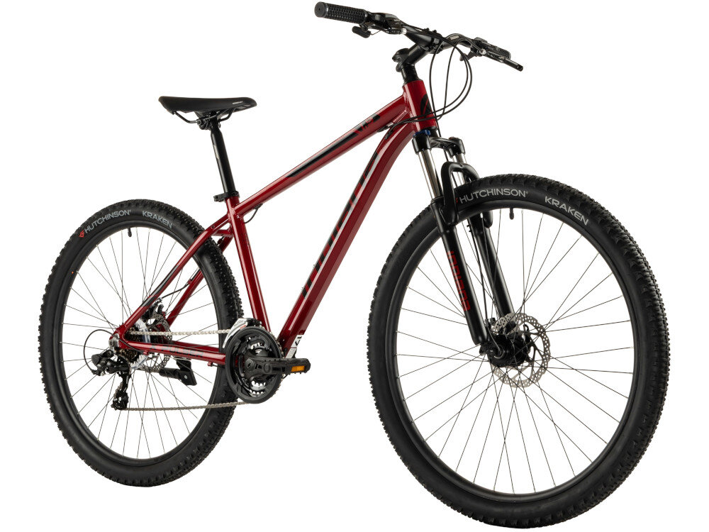 Rower górski MTB INDIANA X-Pulser 1.9 M21 29 cali męski Czerwony rower na białym tle widoczny od przodu po skosie góral pojazd dla sportowców do jazdy wyczynowej uniwersalny dla amatorów zwrotny łatwo wchodzi w zakręty do jazdy w mieście za miastem w lesie na górskim szlaku w błocie nie za głębokim piachu