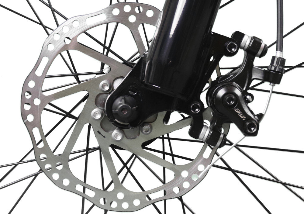 Rower młodzieżowy INDIANA X-Pulser 2.6 26 cale Czarno-zielony zbliżenie hamulec podstawa bezpieczeństwa hamulce tarczowe mechaniczne do jazdy w każdych warunkach pogodowych na każdej trasie bardzo duża siła hamowania z przodu i z tyłu podwójny pakiet bezpieczeństwa