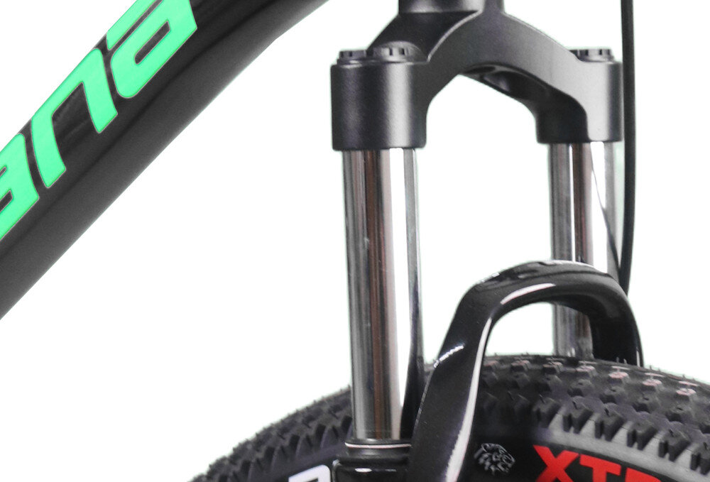 Rower młodzieżowy INDIANA X-Pulser 2.6 26 cale Czarno-zielony zbliżenie na amortyzator rower typu hardtail przedni amortyzator sprężynowy marki INDIANA ułatwia najeżdżanie na przeszkody i niweluje wstrząsy na kierownicy