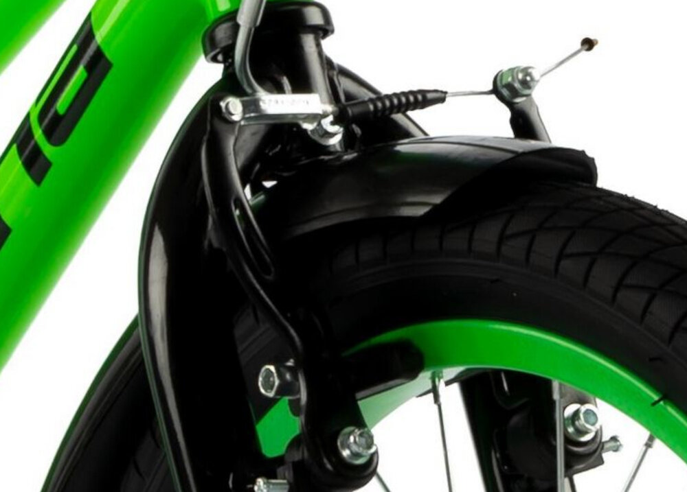 Rower dziecięcy INDIANA Rock Kid 18 cali dla chłopca Zielono-niebieski zbliżenie na przedni hamulec podstawa bezpieczeństwa przedni hamulec V-Brake tylny hamulec w postaci piasty hamującej lekkie duża siła hamowania