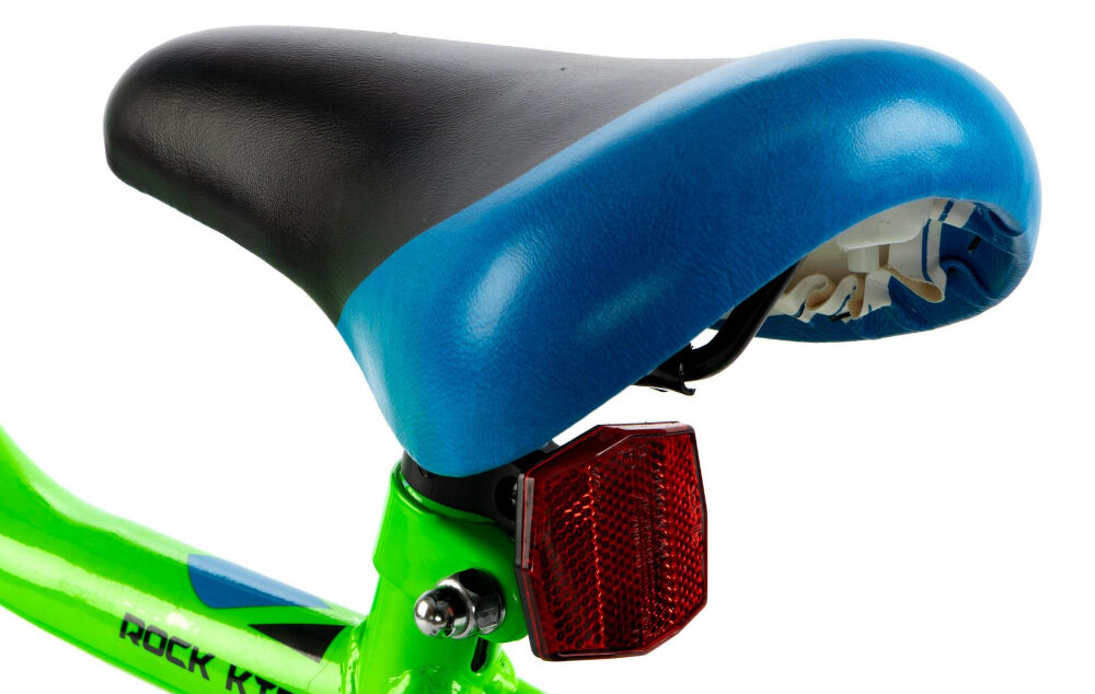 Rower dziecięcy INDIANA Rock Kid 18 cali dla chłopca Zielono-niebieski zbliżenie na siodełko bezpieczna satysfakcjonująca aktywność wygodne siodełko szerokie i grubo wyściełane komfortowa jazda bezpiecznie komfortowo