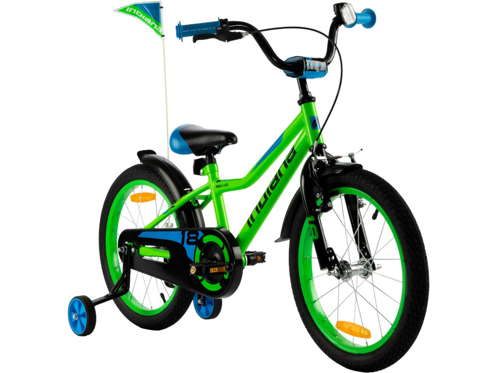 Rower dziecięcy INDIANA Rock Kid 18 cali dla chłopca Zielono-niebieski rower na białym tle widoczny od przodu pod skosem wysoki komfort jazdy brak uczucia dyskomfortu odpowiednia pozycja ciała uchwyty z antypoślizgowego materiału