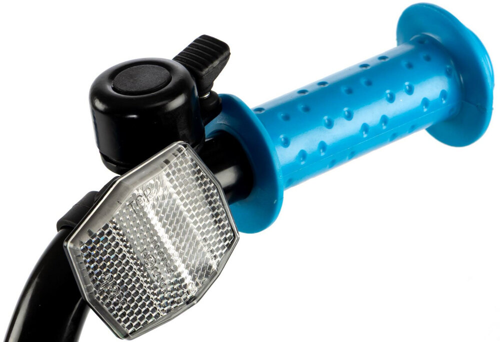 Rower dziecięcy INDIANA Rock Kid 18 cali dla chłopca Zielono-niebieski zbliżenie na rączkę na rączce odblask i dzwonek reflektory odblaskowe dobrze widoczne na drodze bezpieczne dzwonek flaga dekoracyjna