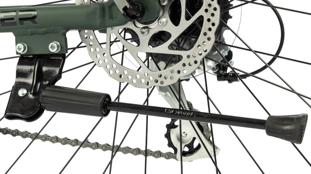 Rower górski MTB INDIANA X-Pulser 2.9 M17 29 cali męski Zielony zbliżenie na stopkę składana stopka w centralnym punkcie ciężkości komplet odblasków