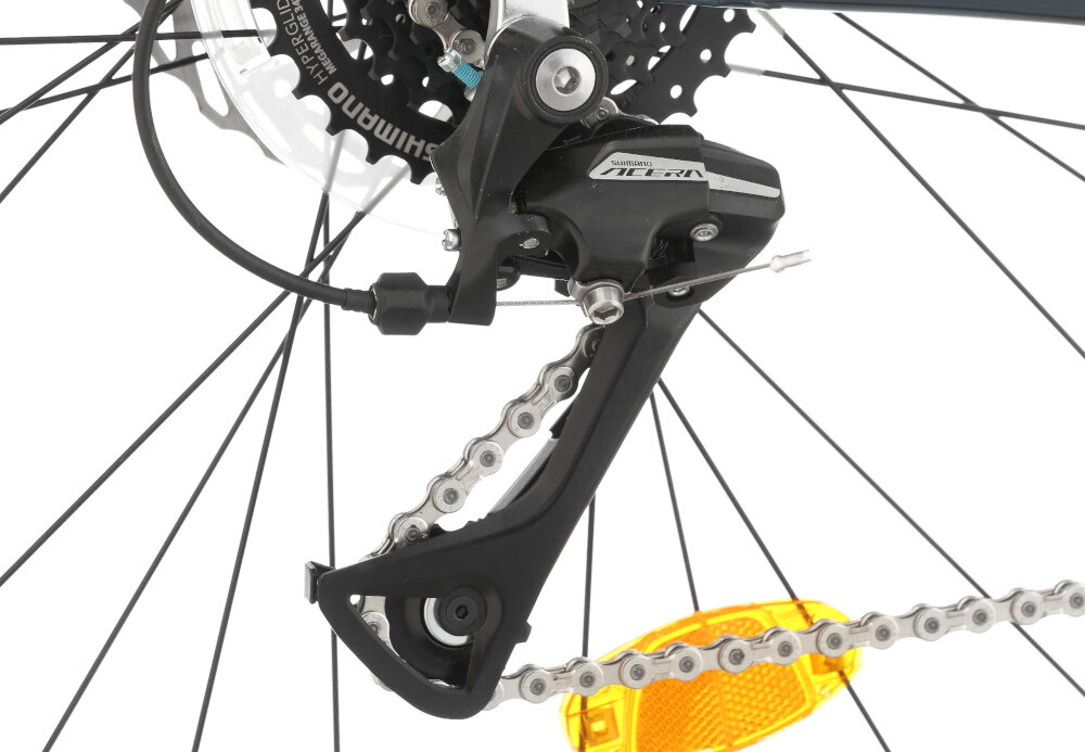 Rower górski MTB INDIANA X-Pulser 2.9 M17 29 cali męski Grafitowo-srebrny zbliżenie na tylną przerzutkę przerzutki marki przerzutki marki SHIMANO 24 biegów przednia przerzutka SHIMANO Tourney tylna przerzutka SHIMANO Acera duża wytrzymałość sprawne działanie zmiana biegów jest płynna i bezproblemowa