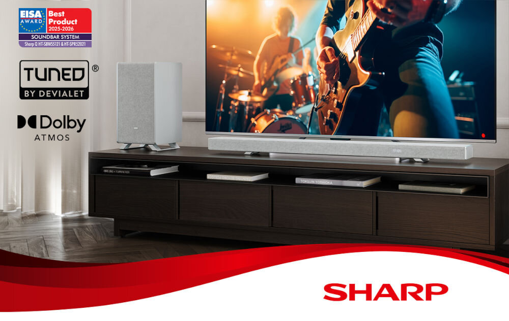 Soundbar SHARP HT-SBW55121 przestrzenny dźwięk 5.1.2 650 W, soundbar stojący na komodzie wraz z subwooferem