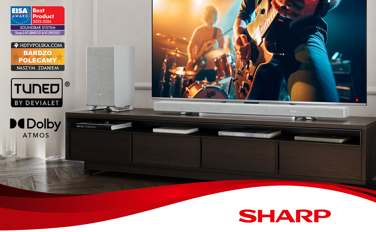 Soundbar SHARP HT-SBW55121 przestrzenny dźwięk 5.1.2 650 W, soundbar stojący na komodzie wraz z subwooferem