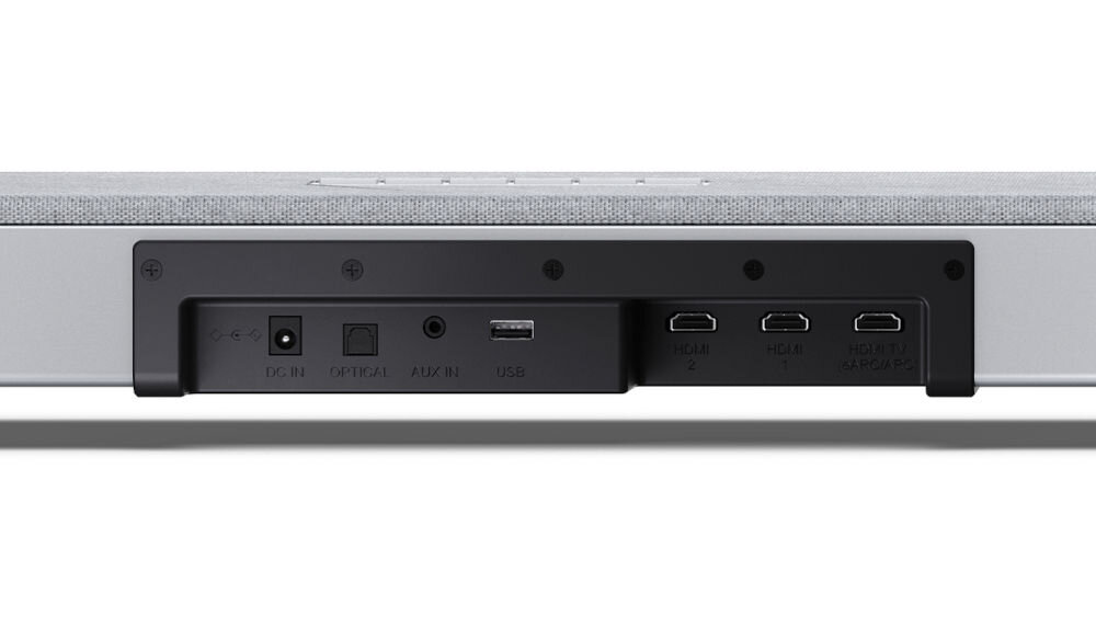 Soundbar SHARP HT-SBW55121 wejścia optyczne Aux USB formaty MP3 WAV FLAC, kadr soundbara na złącza