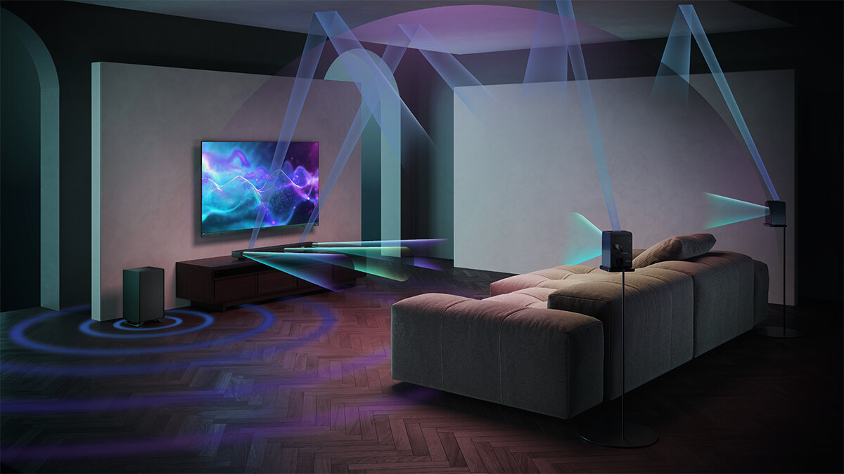 Kolumny głośnikowe SHARP HT-SPR52021 tylne głośniki otaczające naturalny dźwięk, telewizor zawieszony na ścianie, głosniki rozstawione po całym pomieszczeniu wydające dźwięk