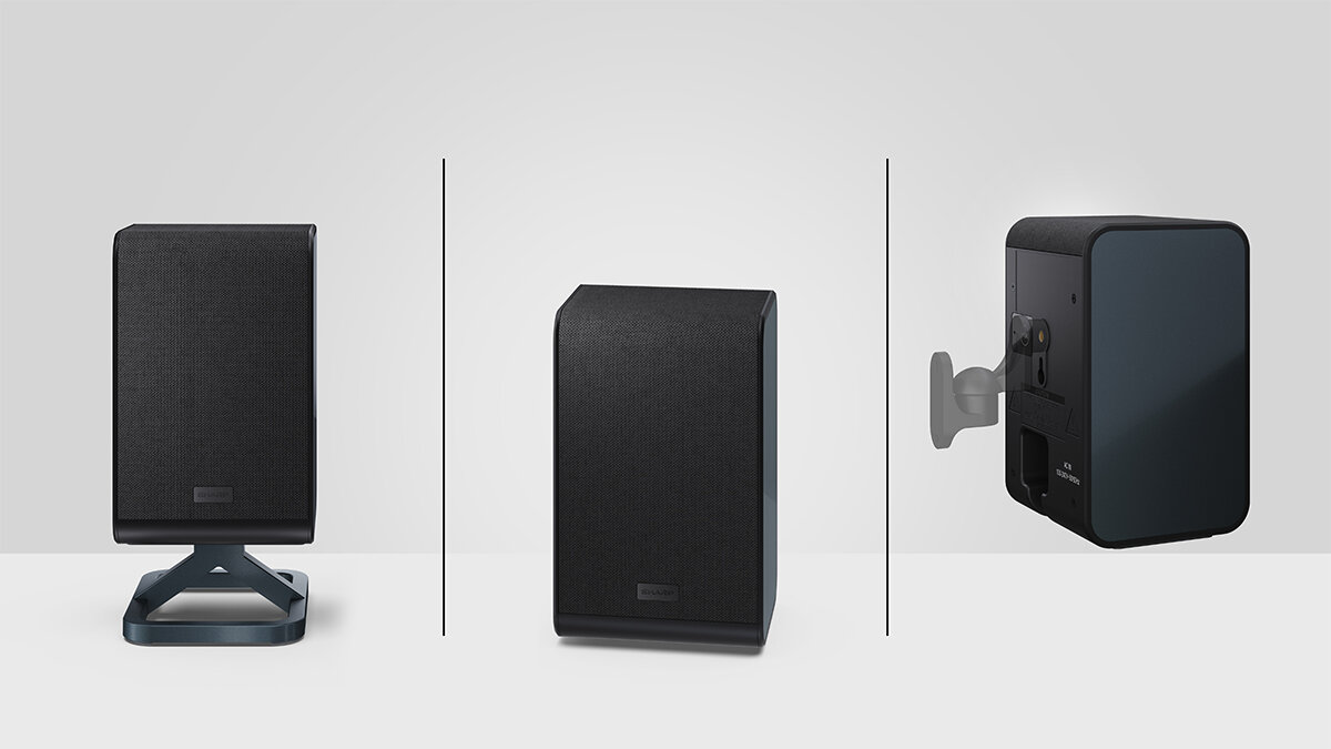 Kolumny głośnikowe SHARP HT-SPR52021 swoboda ustawienia montaż bezprzewodowy, kolumna głośnikowa na podstawce, bez podstawki oraz z uchwytem ściennym