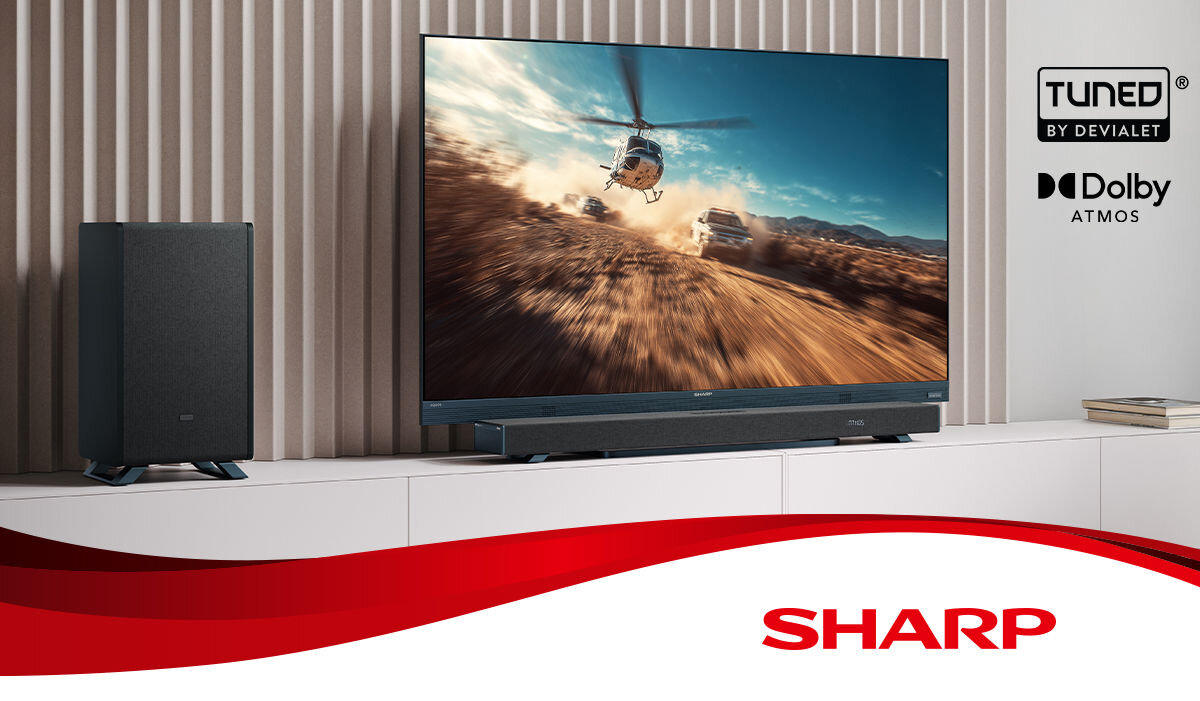 Soundbar SHARP HT-SBW53121 dźwięk i design elegancki wygląd, soundbar stojący na komodzie pod telewizorem