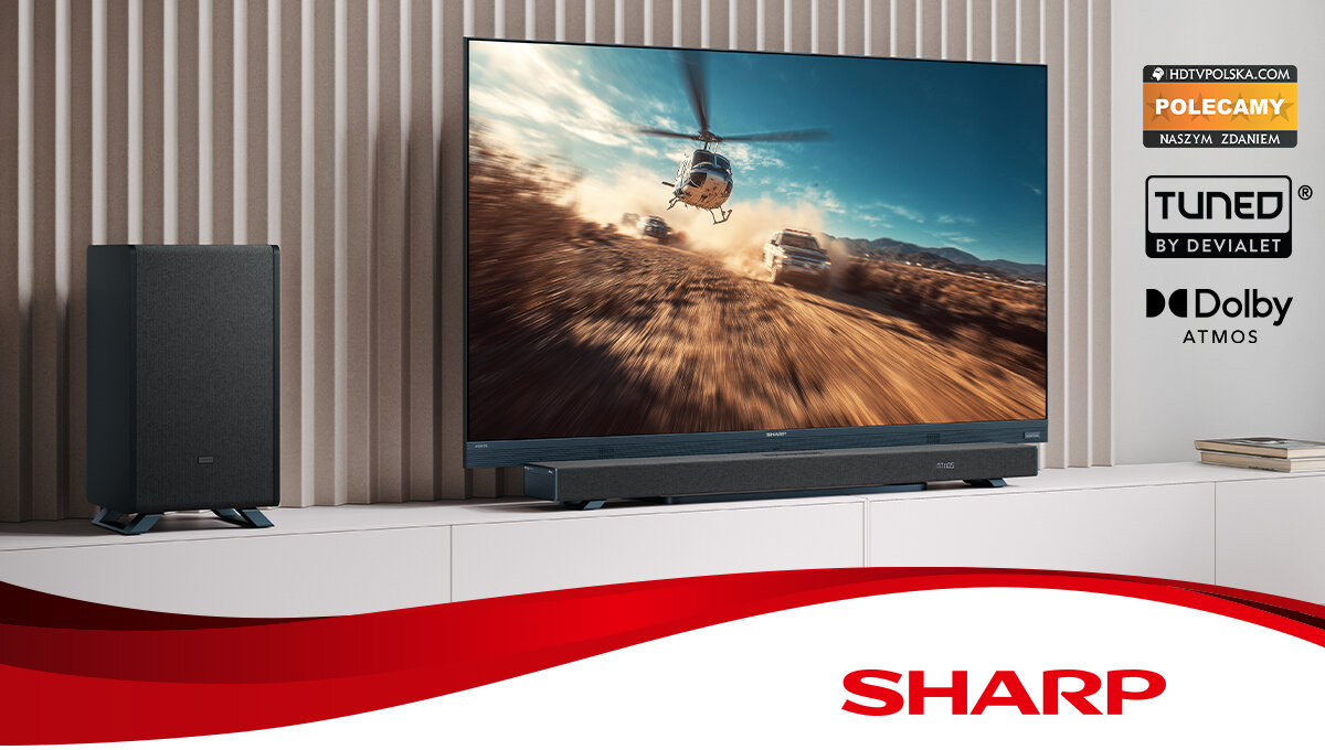 Soundbar SHARP HT-SBW53121 dźwięk i design elegancki wygląd, soundbar stojący na komodzie pod telewizorem