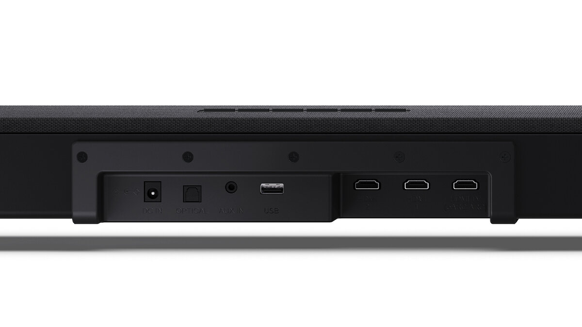 Soundbar SHARP HT-SBW53121 wejścia optyczne Aux USB obsługa MP3 WAV FLAC, kadr wejść umieszczonych w soundbarze