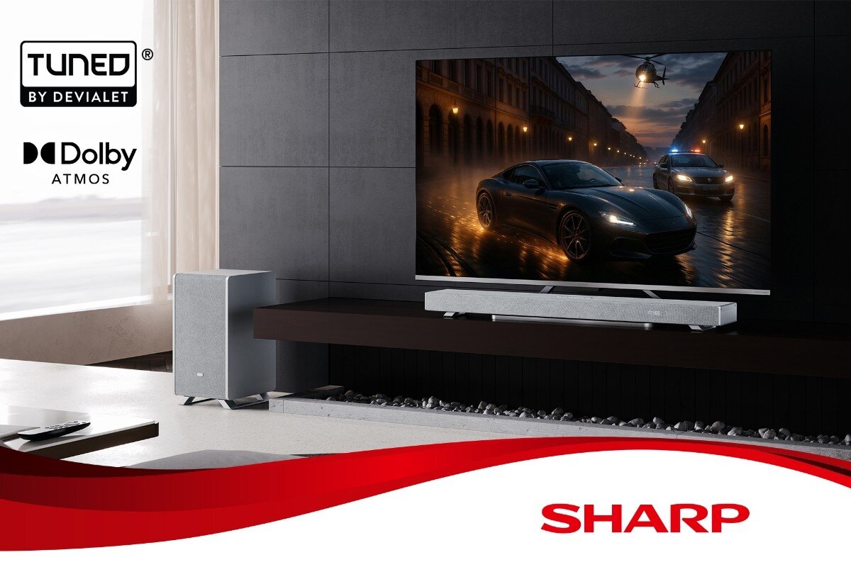 Soundbar SHARP HT-SBW53121 dźwięk i design elegancki wygląd, soundbar stojący na komodzie pod telewizorem